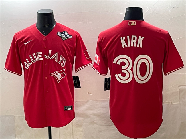 Men's Toronto Blue Jays #30 Alejandro Kirk Red 2025 World Series Cool Base Stitched Baseball Jersey Men's Toronto Blue Jays #30 Alejandro Kirk Red 2025 World Series Cool Base Stitched Baseball Jersey